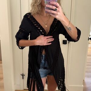 Vintage Black Macramé Fringe Top Boho 70s Stevie Nicks Style